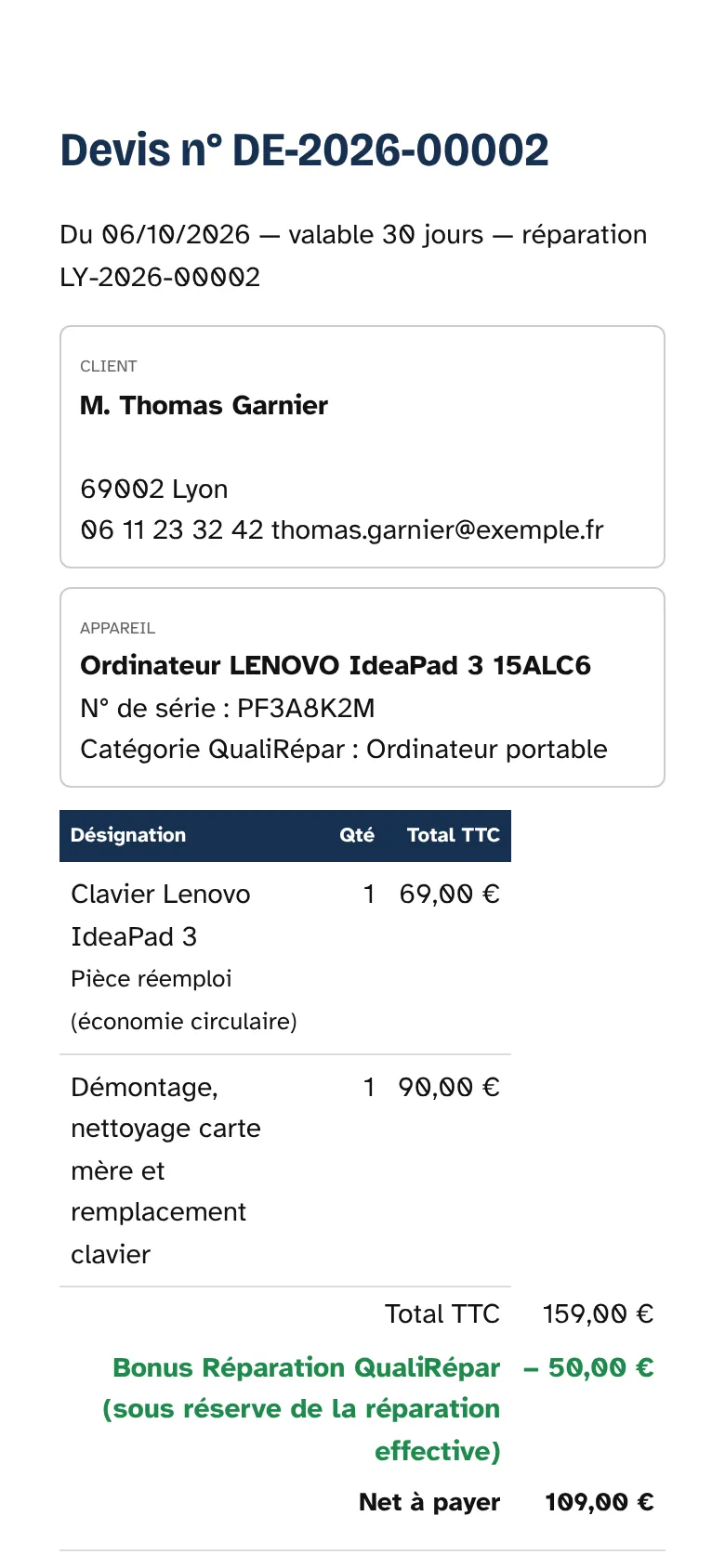 Devis de réparation affiché sur le téléphone du client