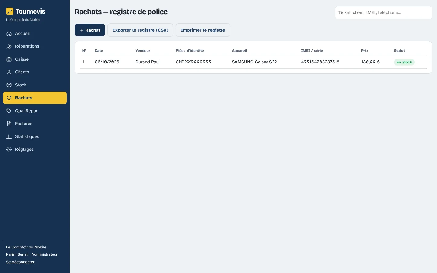 Registre de police numérique des rachats d'appareils